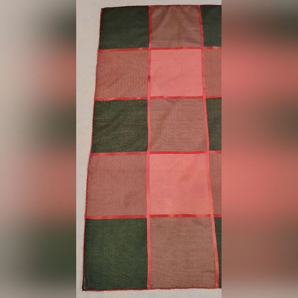 Vintage Checkered Square Scarf Pink & Grey Ribbon Rolled Hem - Picture 2 of 11